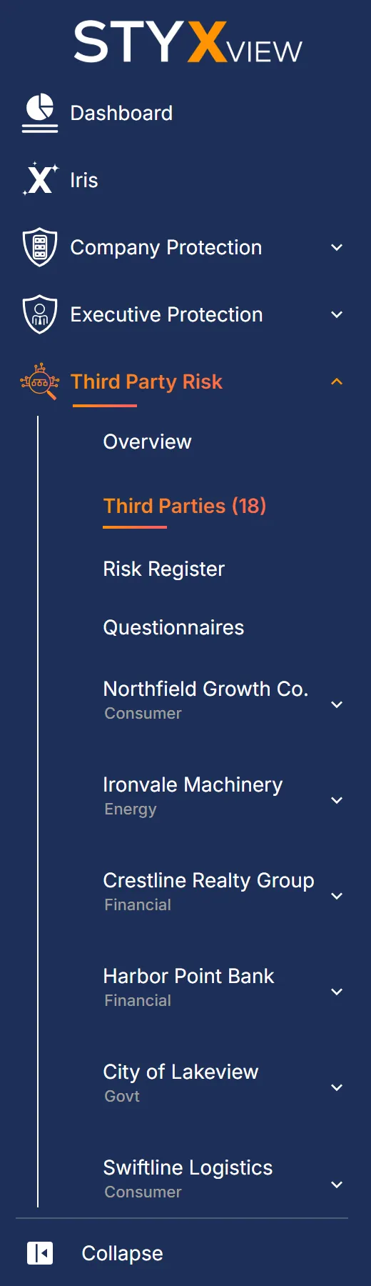 The sidebar with "Third Party Risk" expanded and "Third Parties" selected, the page where you add a third party.