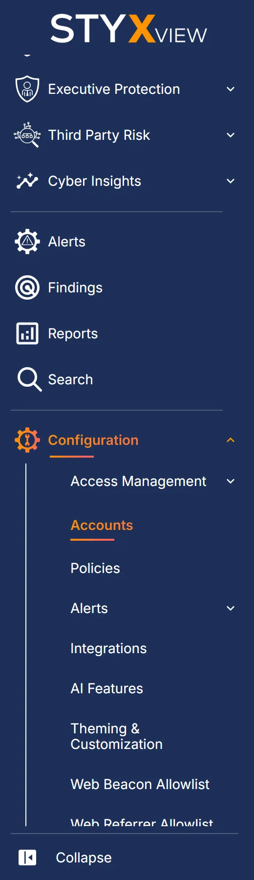 The sidebar with the "Configuration" menu expanded and "Accounts" selected under it.