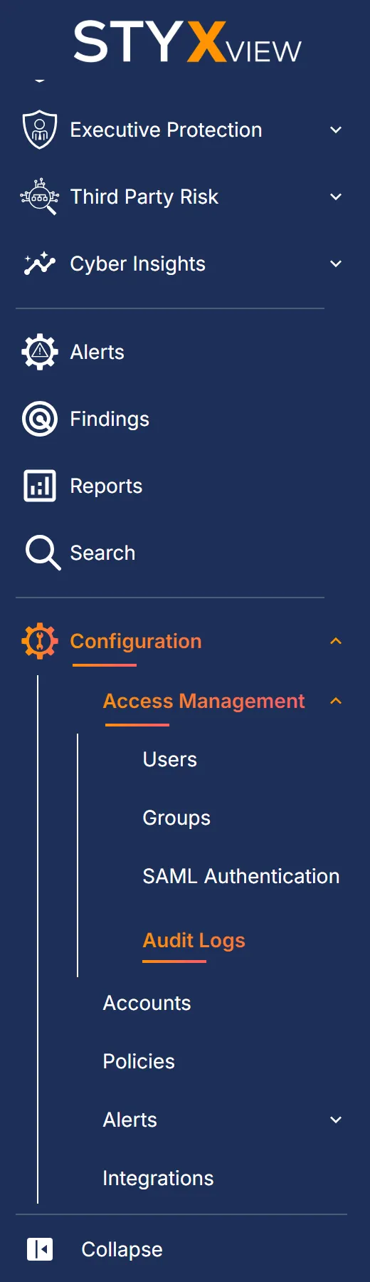 The sidebar with "Configuration" and "Access Management" expanded and "Audit Logs" selected.