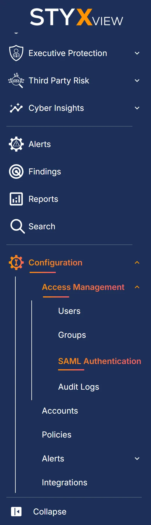 The sidebar with "Configuration" and "Access Management" expanded and "SAML Authentication" selected.