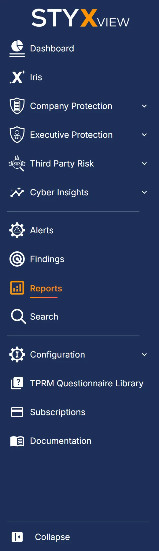 The sidebar of StyxView with "Reports" selected, a top-level item below "Findings".