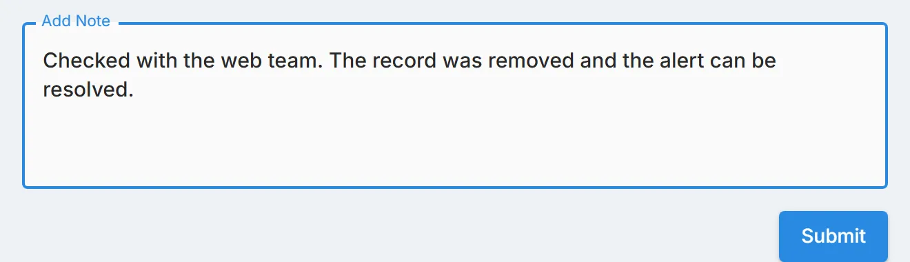 The "Add Note" box and "Submit" button below the "Alert Summary", with a note typed for the selected alert.