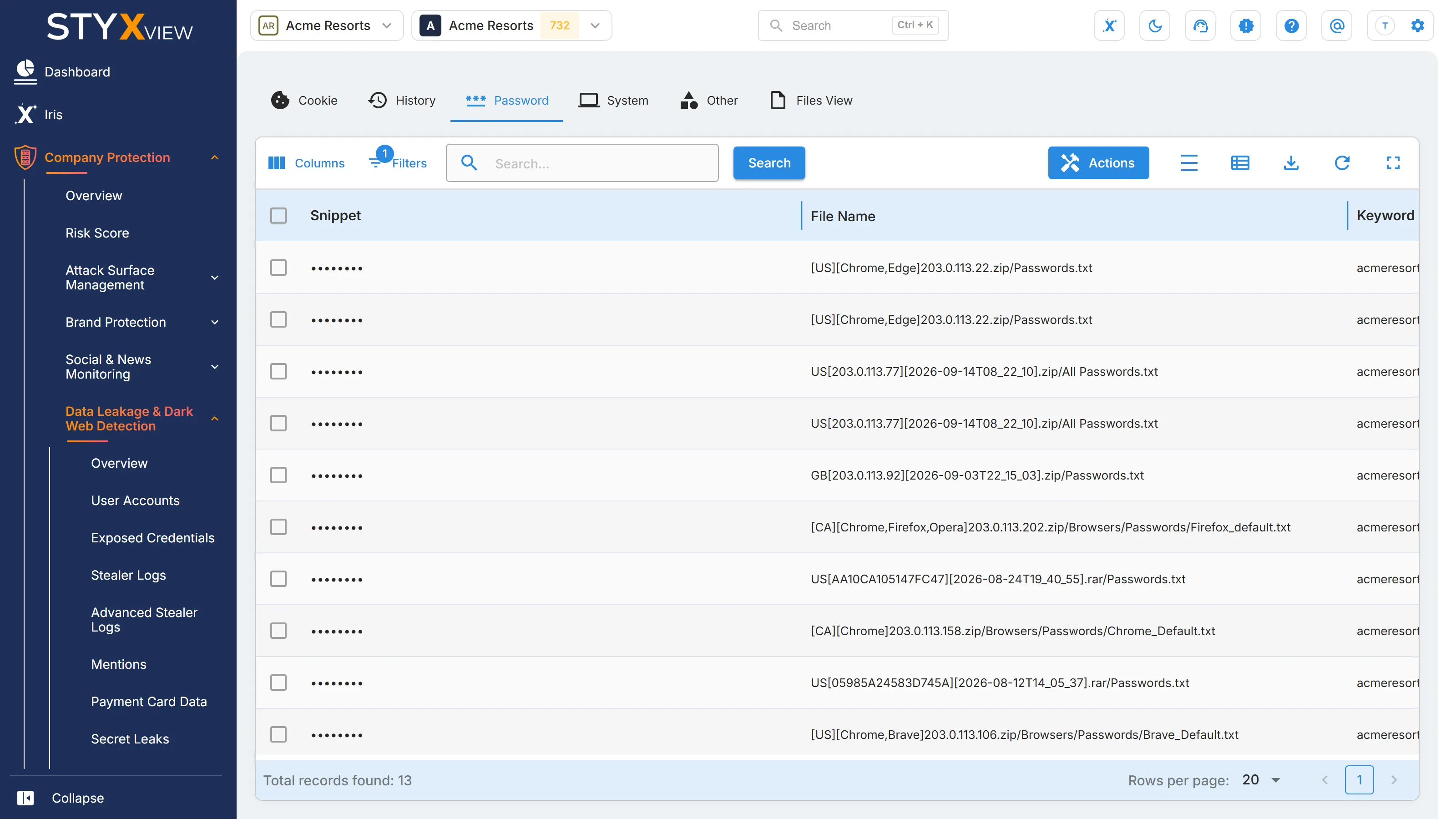 The "Password" tab of "Stealer Logs", listing each saved credential as found, fully masked, with the stealer log file it came from.