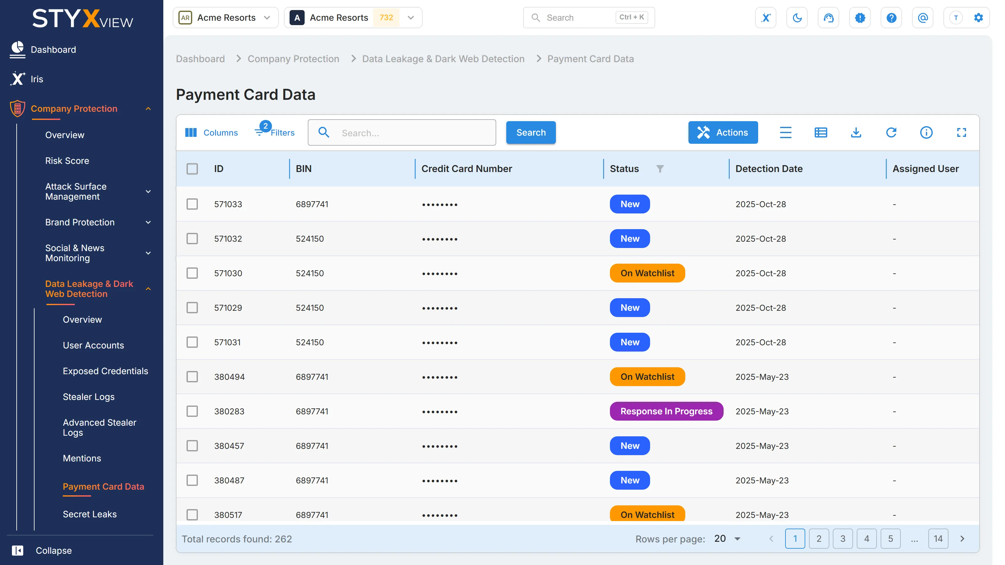 The "Payment Card Data" list, with each finding and its "ID", "BIN", "Credit Card Number", "Status", and "Detection Date".