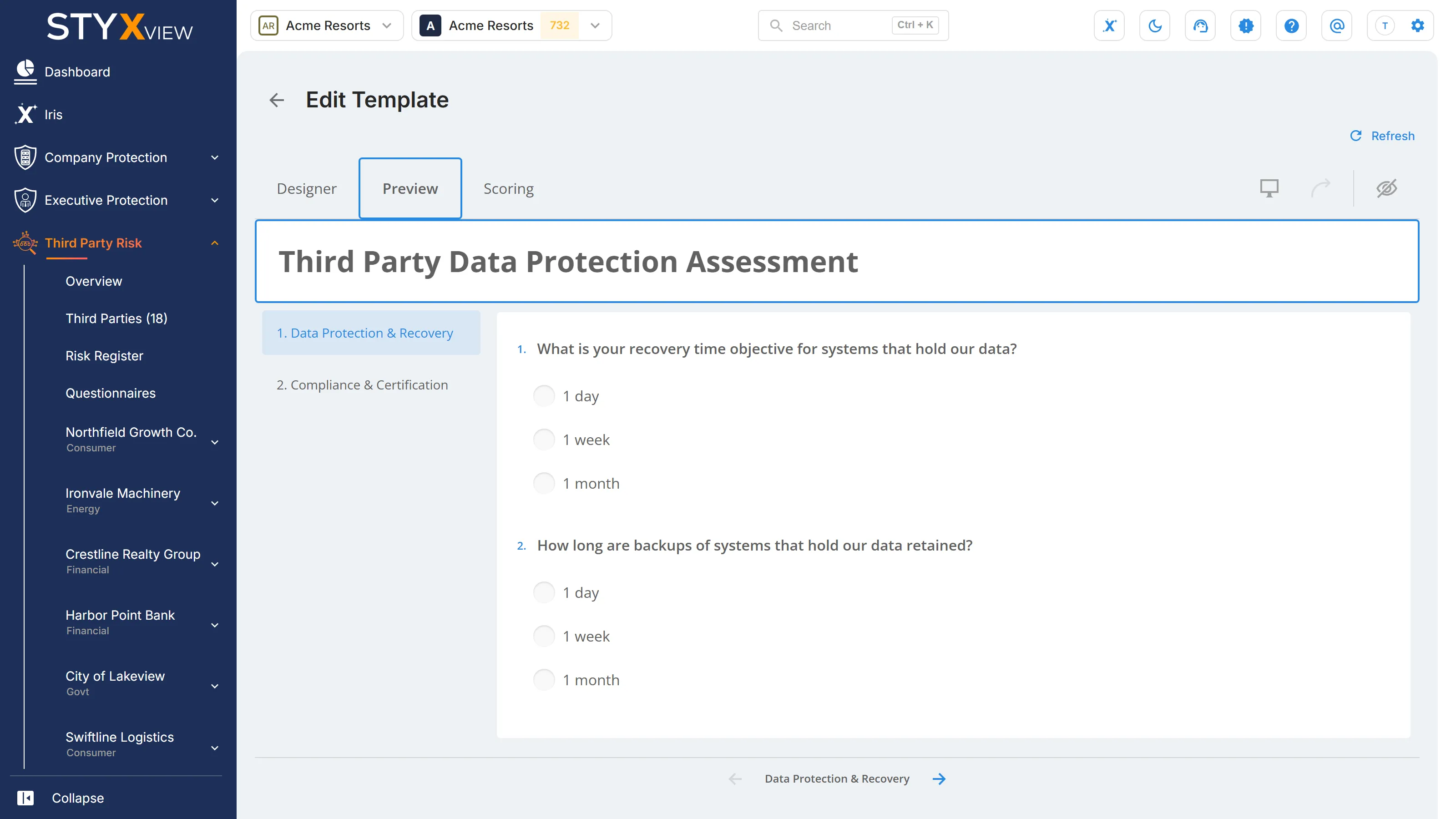 The "Preview" tab of a template in the form builder, showing the questionnaire as the third party sees it.