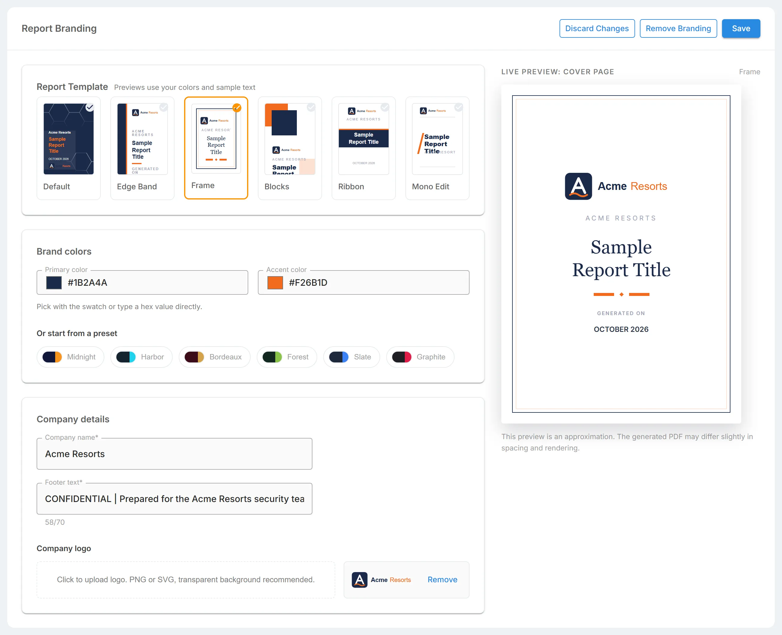 The "Report Branding" form of "Theming & Customization", with "Report Template", "Brand colors", "Company details", and "Company logo" beside the live cover preview.