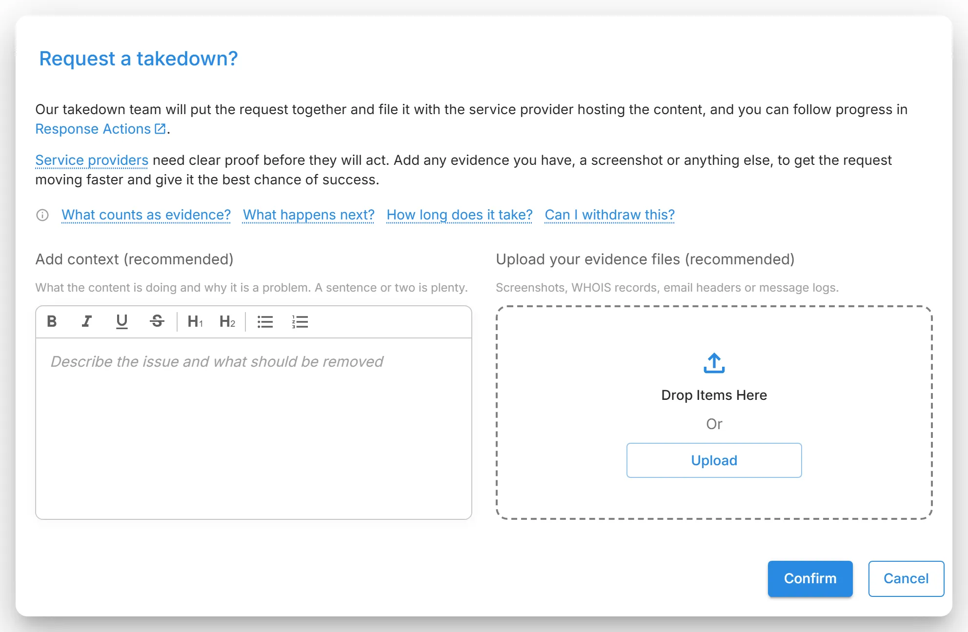 The "Request a takedown?" dialog opened from "Actions" on the "Lookalike Domains" tab, with the context box, evidence upload, and "Confirm".