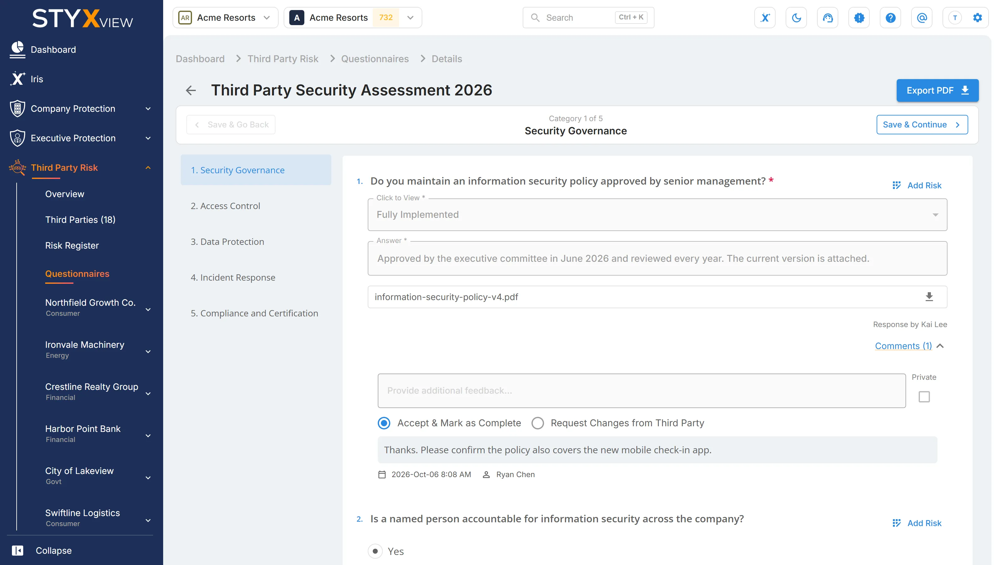 A questionnaire under review, with each answer, "Response by", the comments, the feedback box with "Private", and "Add Risk" on each question.
