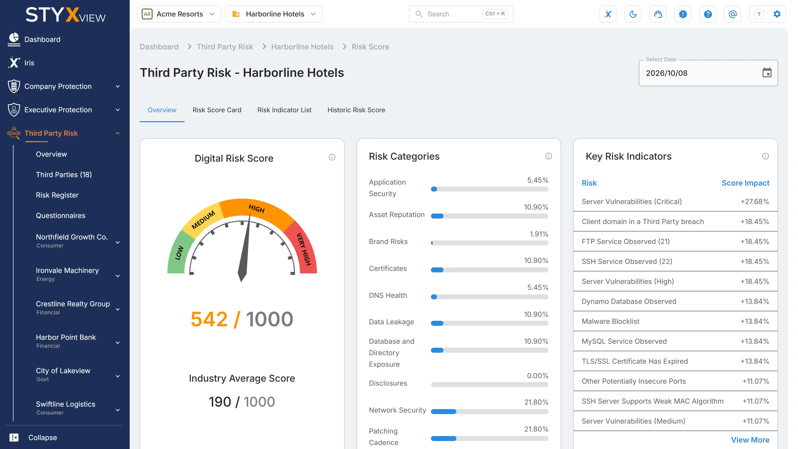 The Risk Score page of a third party on the "Overview" tab, with the "Third Party Risk" menu open in the sidebar.