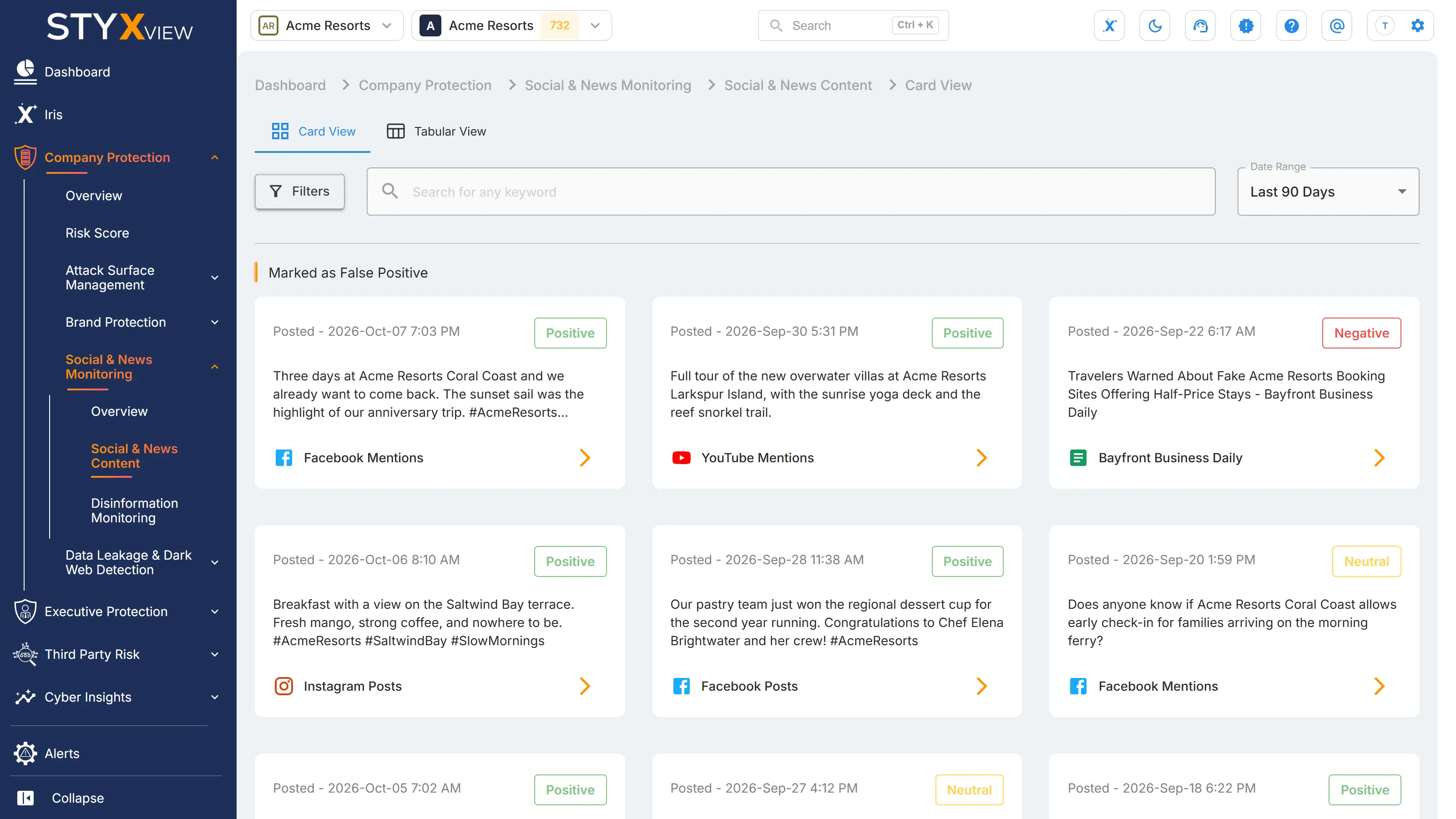 The "Card View" tab of "Social & News Content", with the keyword search, "Date Range", "Filters", and the post and article cards.