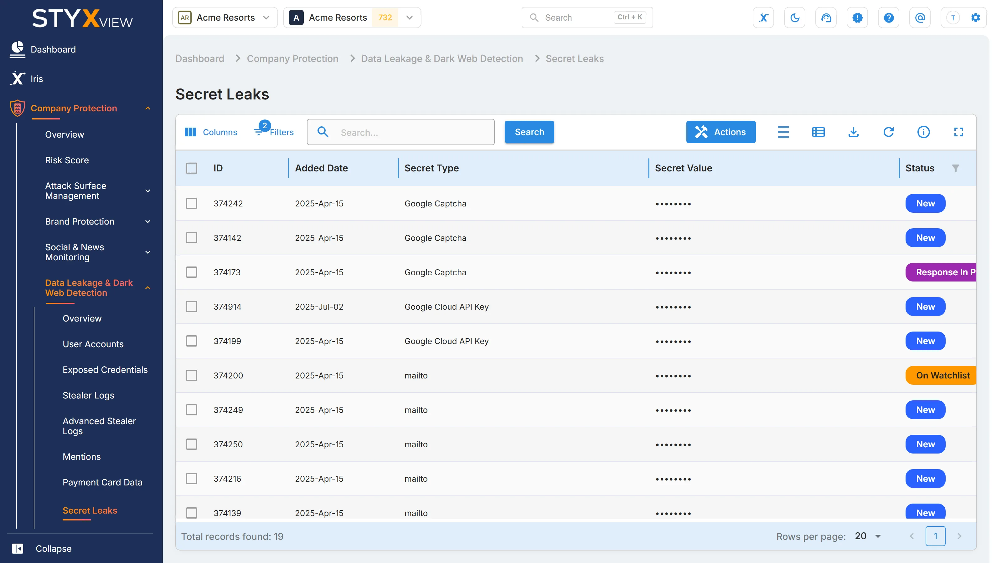 The "Secret Leaks" list, with the finding "ID", "Added Date", "Secret Type", and "Secret Value" of each exposed secret.