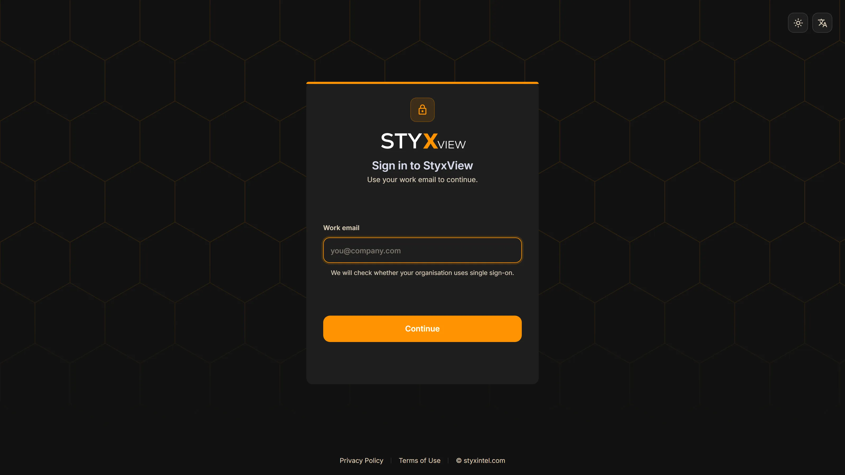 The StyxView sign-in screen in dark mode, with the theme and language controls at the top right.