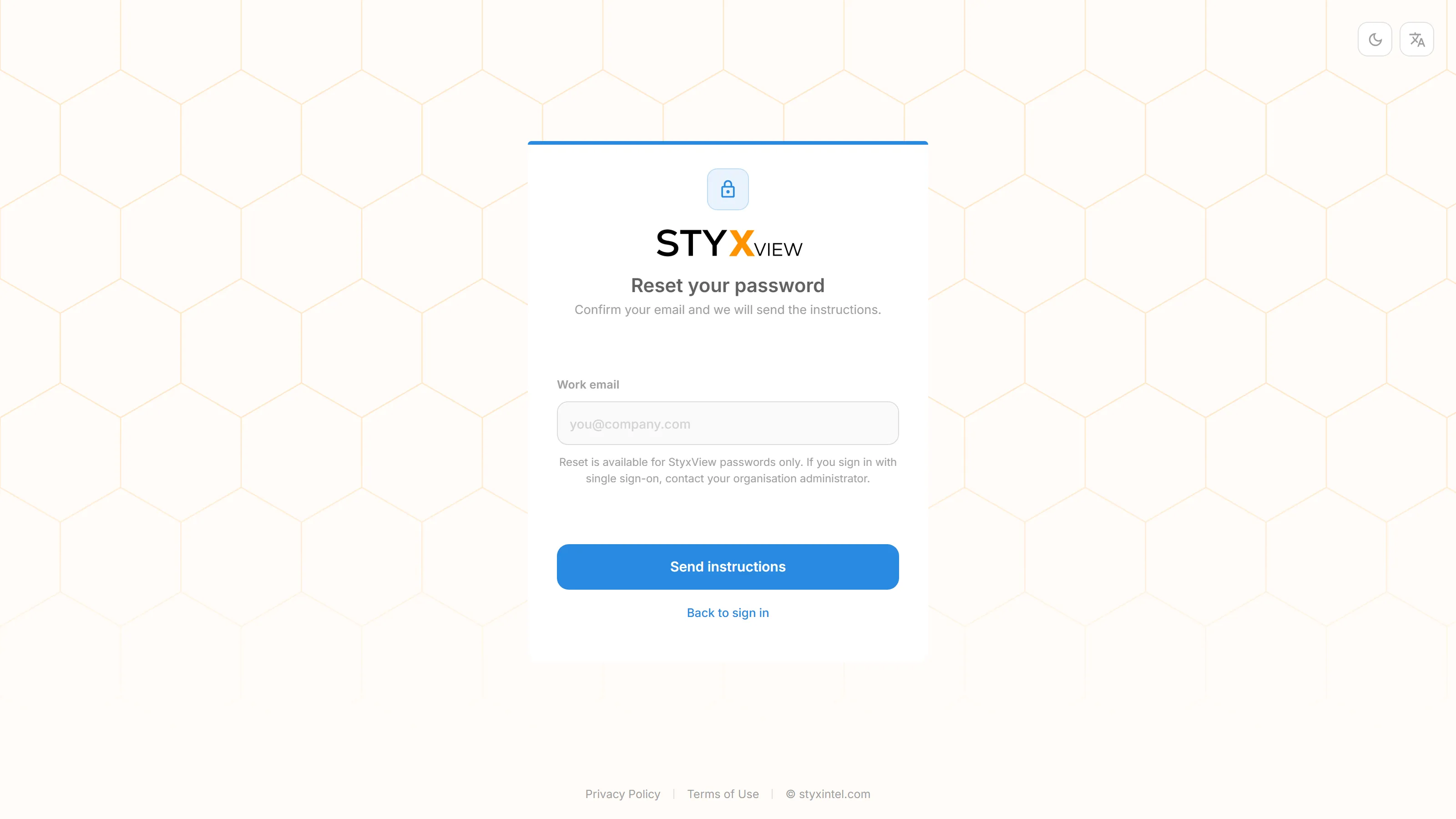 The "Reset your password" screen, with the "Work email" field, the "Send instructions" button, and "Back to sign in".