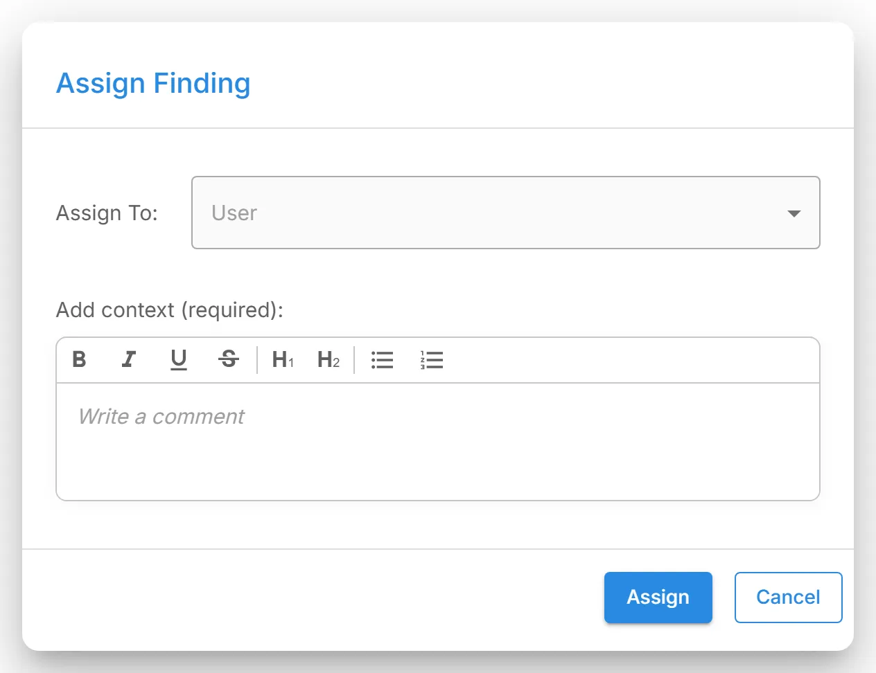 The "Assign Finding" dialog on a lookalike domain's finding page, where you choose the user and add context.