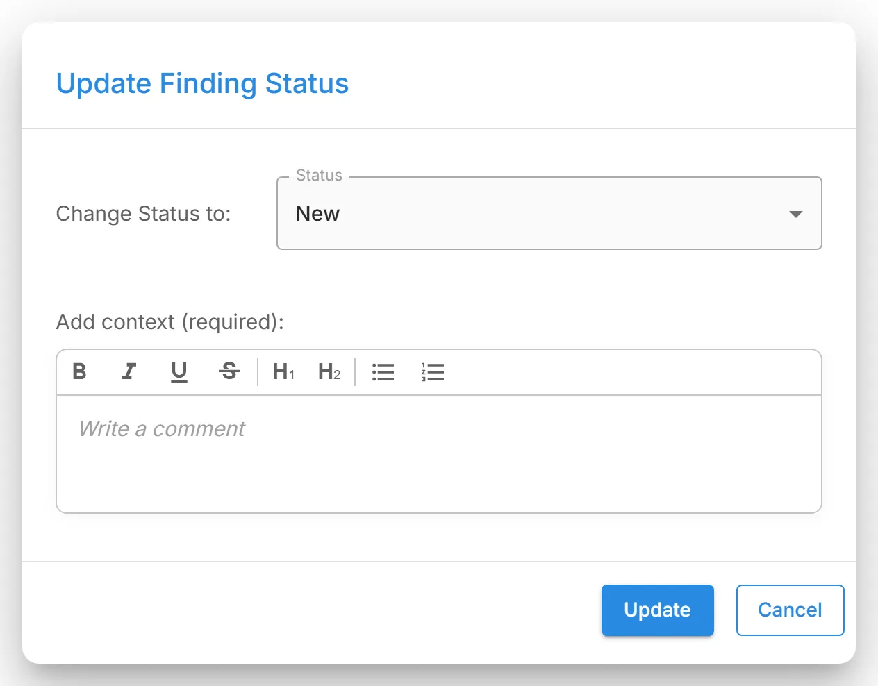 The "Update Finding Status" dialog on a lookalike domain's finding page, where you choose the new status and add context.