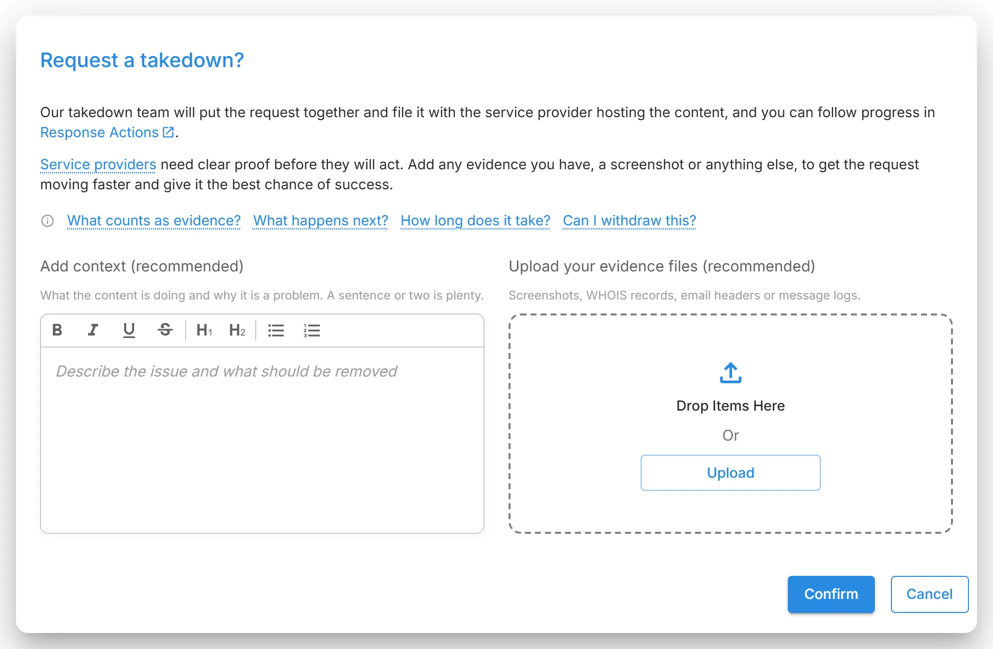 The "Request a takedown?" dialog on a lookalike domain's finding page, with "Add context (recommended)" and "Upload your evidence files (recommended)".