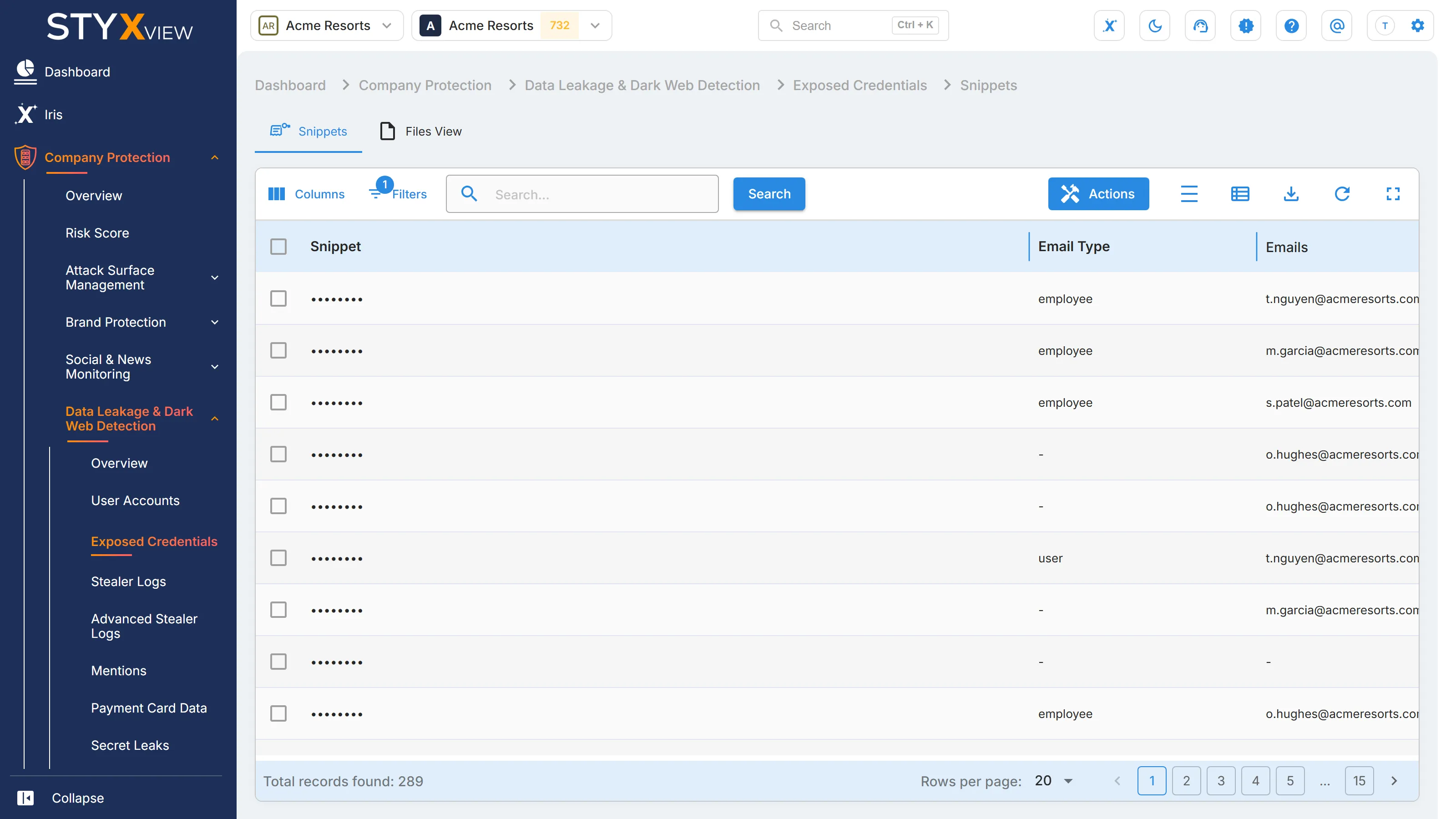 The "Snippets" tab of "Exposed Credentials", listing each leaked snippet as found, its email type, and the email addresses it holds, with passwords masked.