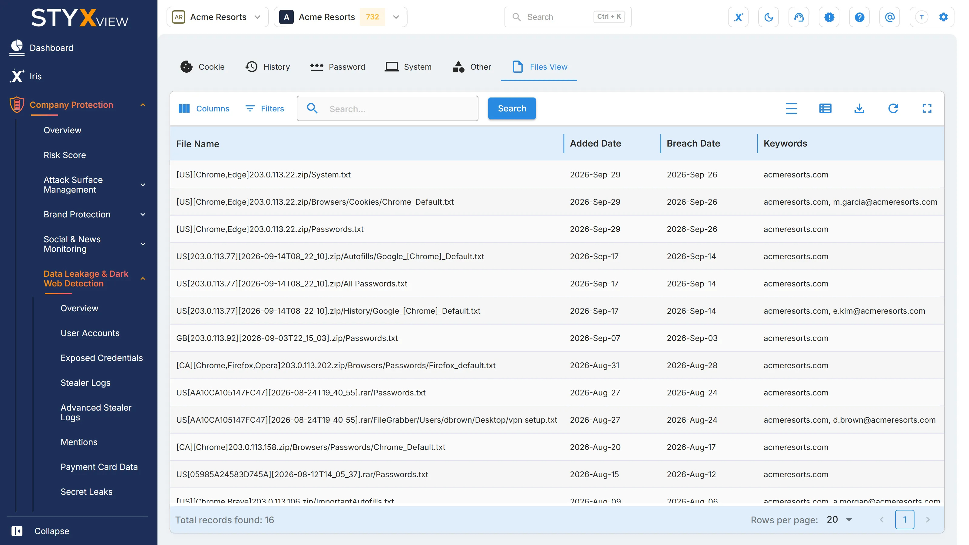 The "Files View" tab of "Stealer Logs", listing each stealer log file with its name, added date, breach date, and keywords.