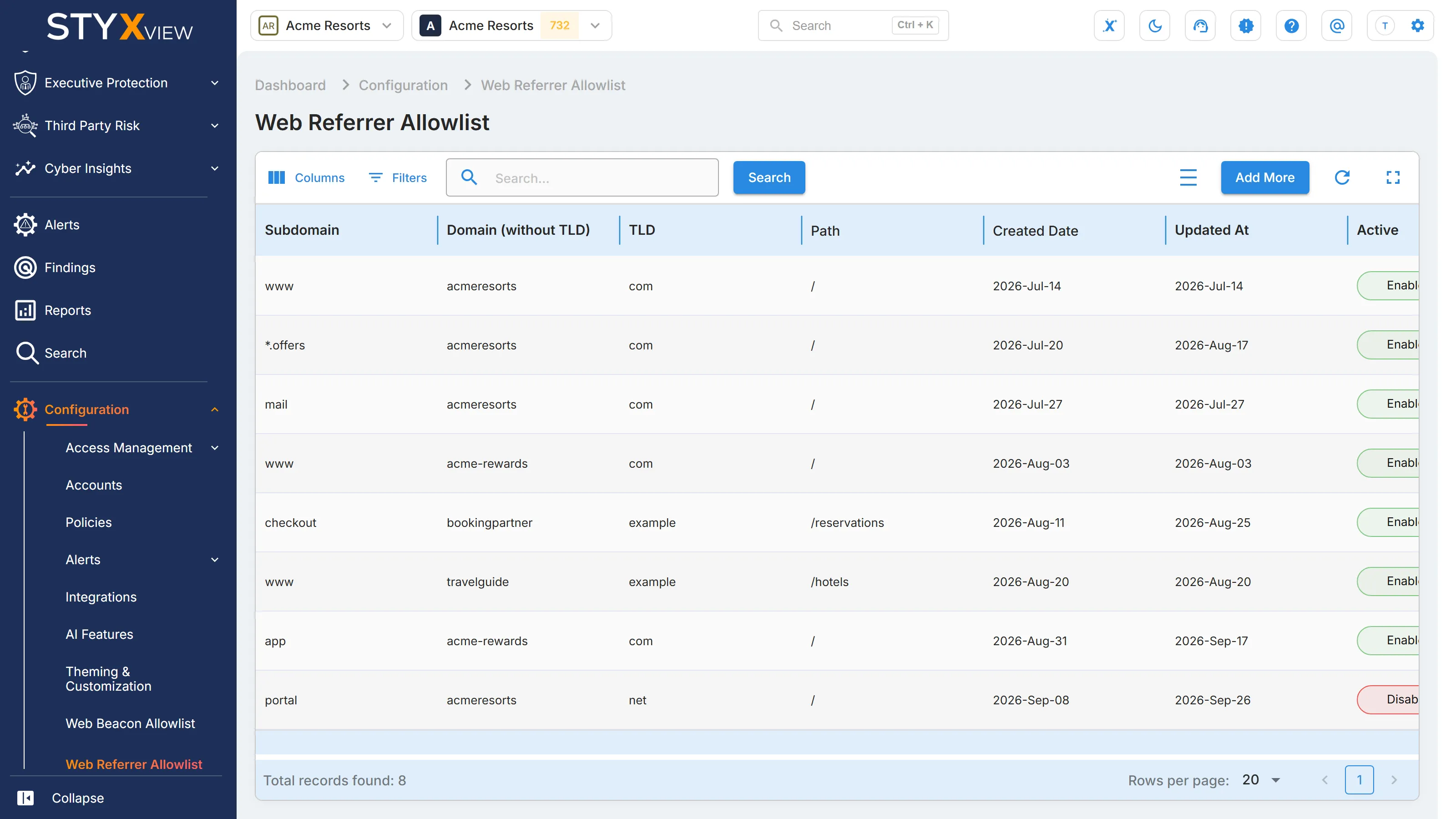 The "Web Referrer Allowlist" page, with the "Add More" button above the list of trusted referrers.
