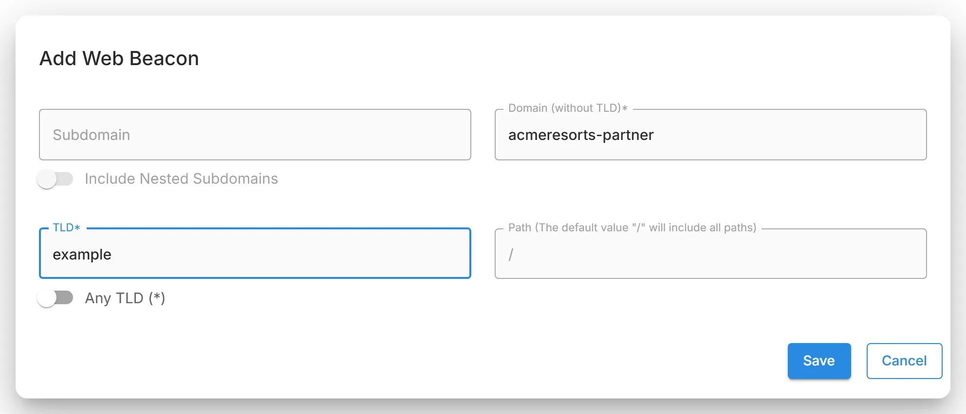 The "Add Web Beacon" dialog with an example domain entered, with "Subdomain", "Domain (without TLD)", "TLD", and "Path".