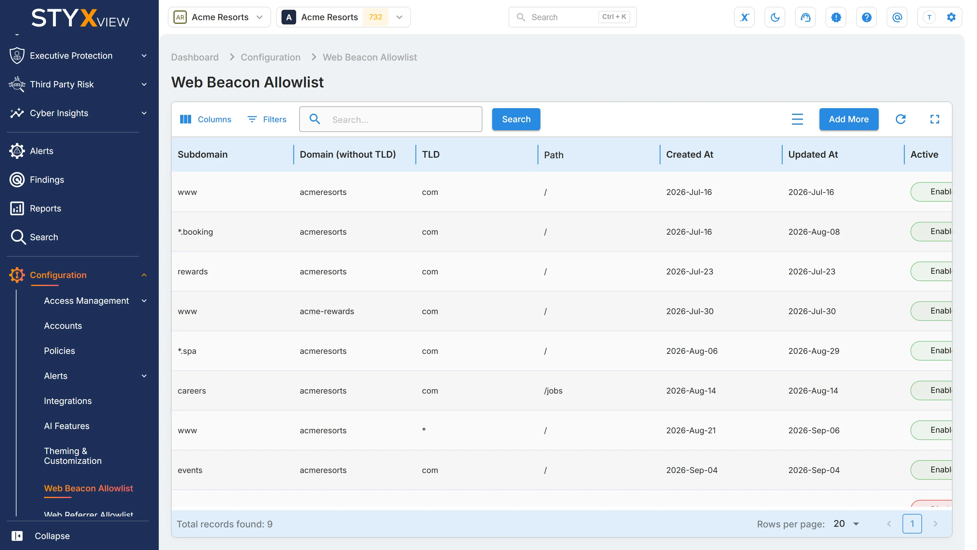 The "Web Beacon Allowlist" page, with the "Add More" button above the list of allowed sites.
