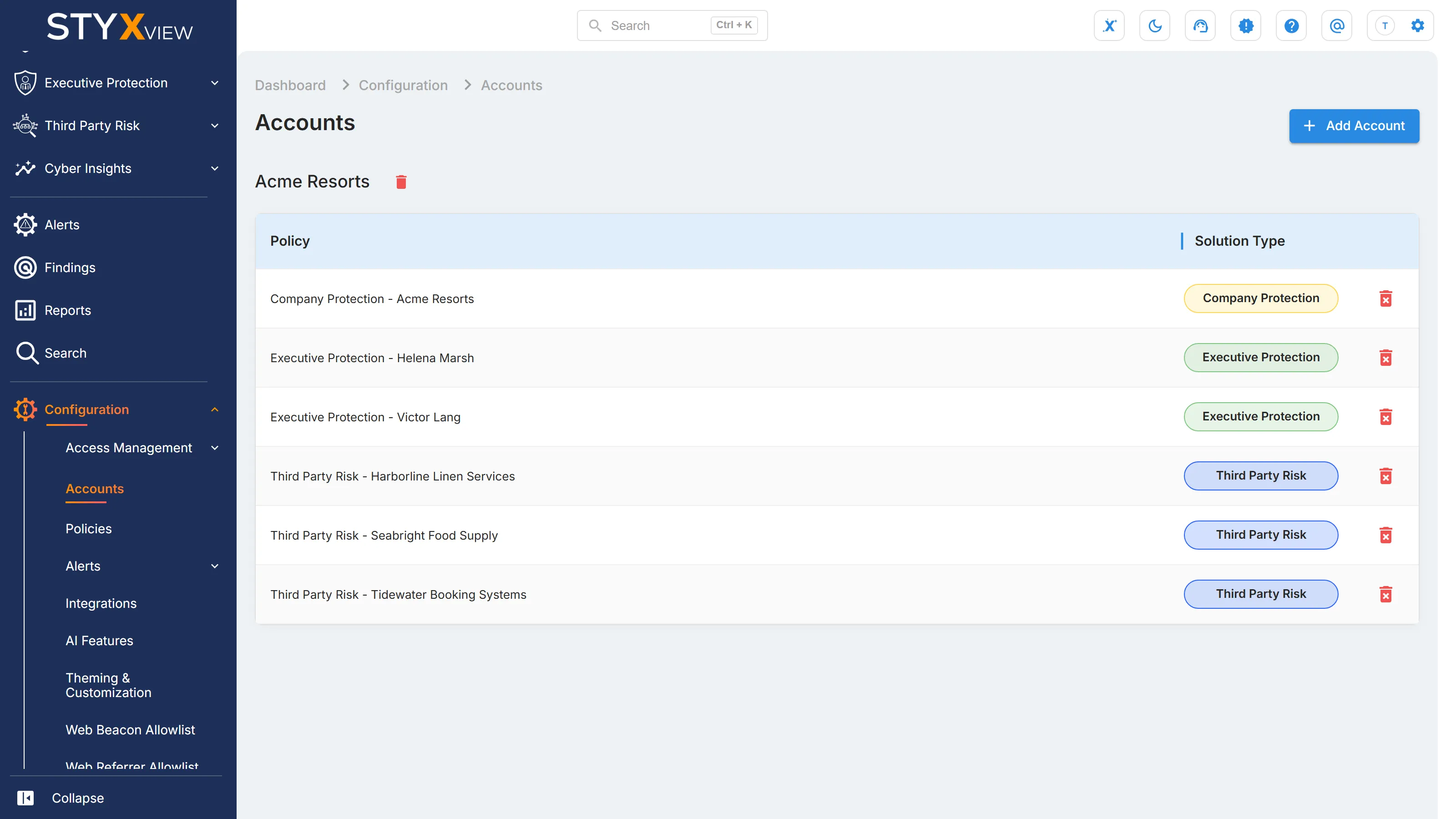 The "Accounts" page, with "Add Account" at the top right and each account's policies and solution types listed below.