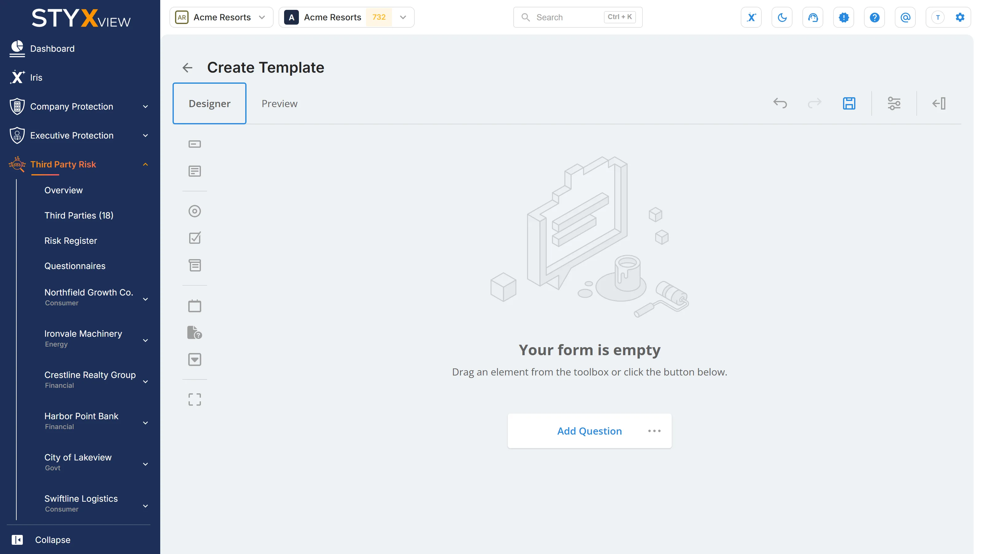 The "Create Template" page on the "Designer" tab, with the question types in the toolbox on the left and an empty canvas.