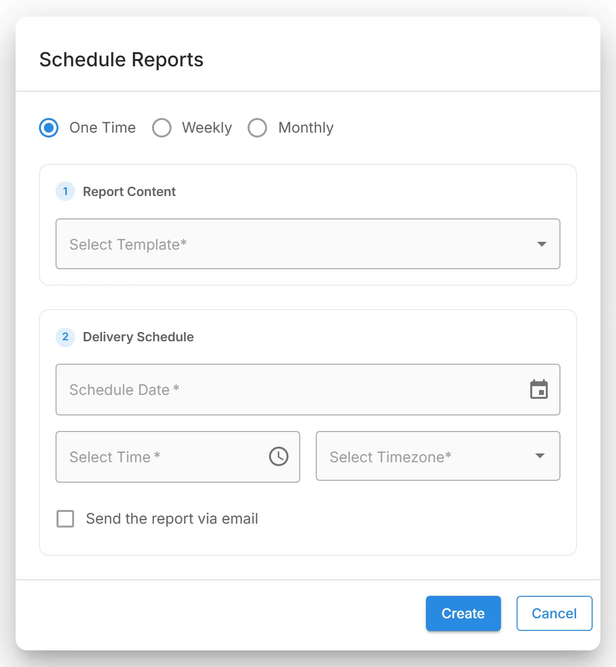 The "Schedule Reports" dialog, with "One Time", "Weekly", and "Monthly" above the "Report Content" and "Delivery Schedule" sections.