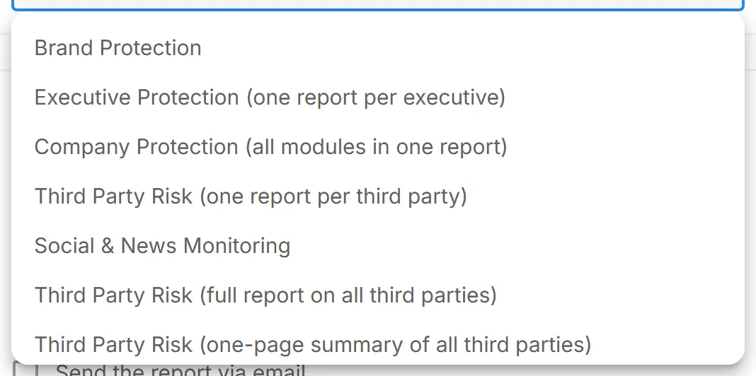 The "Select Template" list in the "Schedule Reports" dialog, with the report templates the account can use.