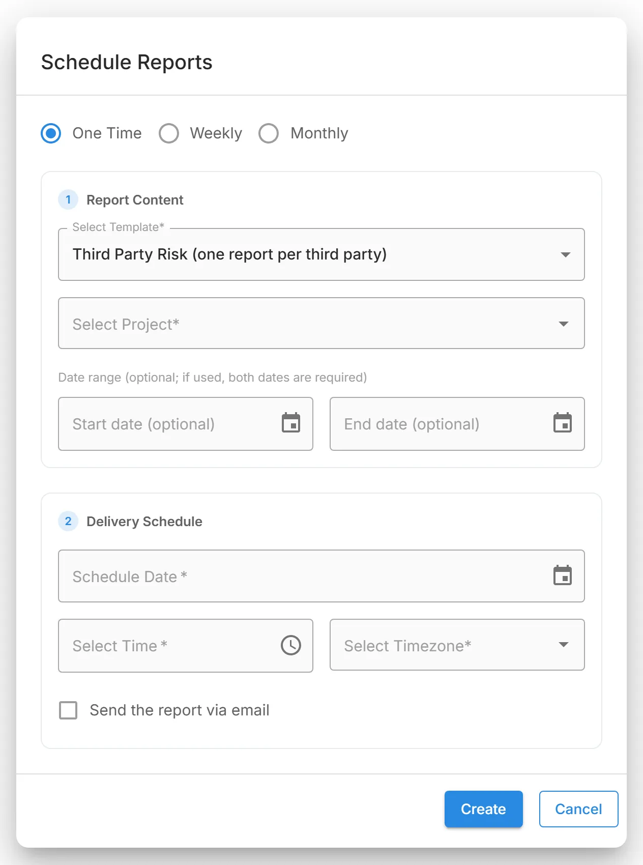The "Schedule Reports" dialog with the per-third-party template selected, with the "Select Project" field and the optional date range shown.