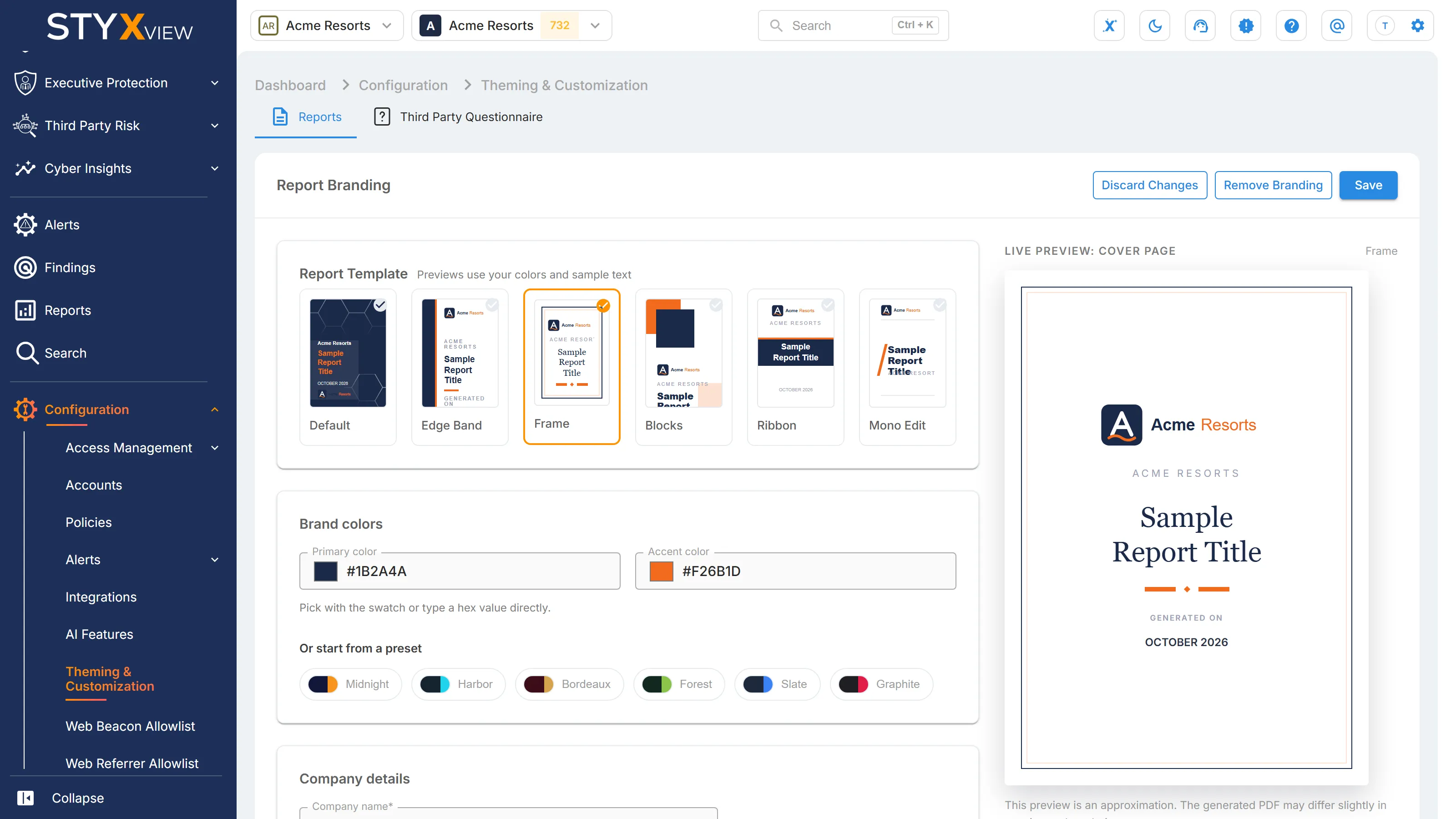 The "Reports" tab of "Theming & Customization", where an Admin sets the "Report Branding" used on generated reports.