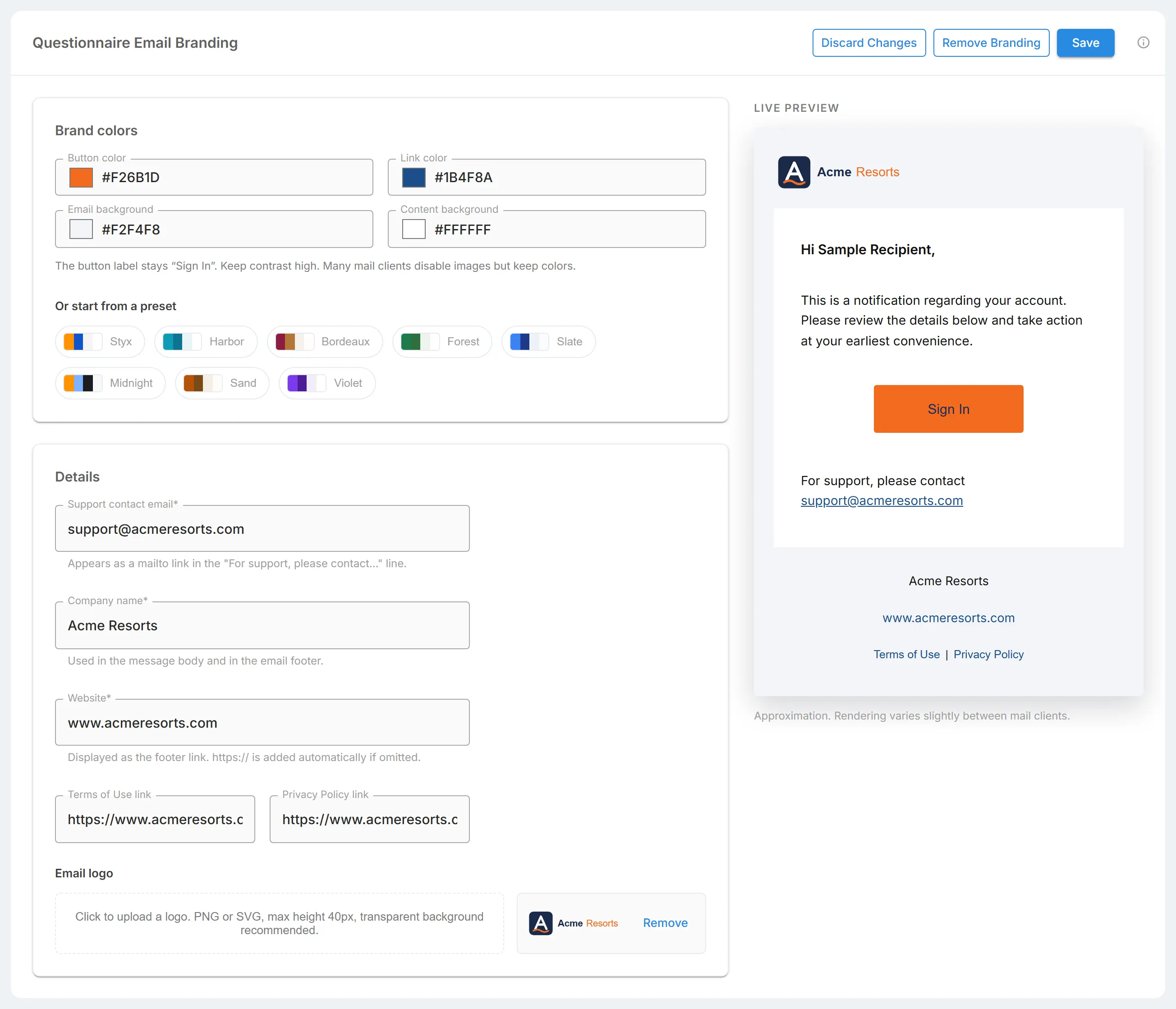 The "Questionnaire Email Branding" form of "Theming & Customization", with "Brand colors", "Details", and "Email logo" beside the live email preview.