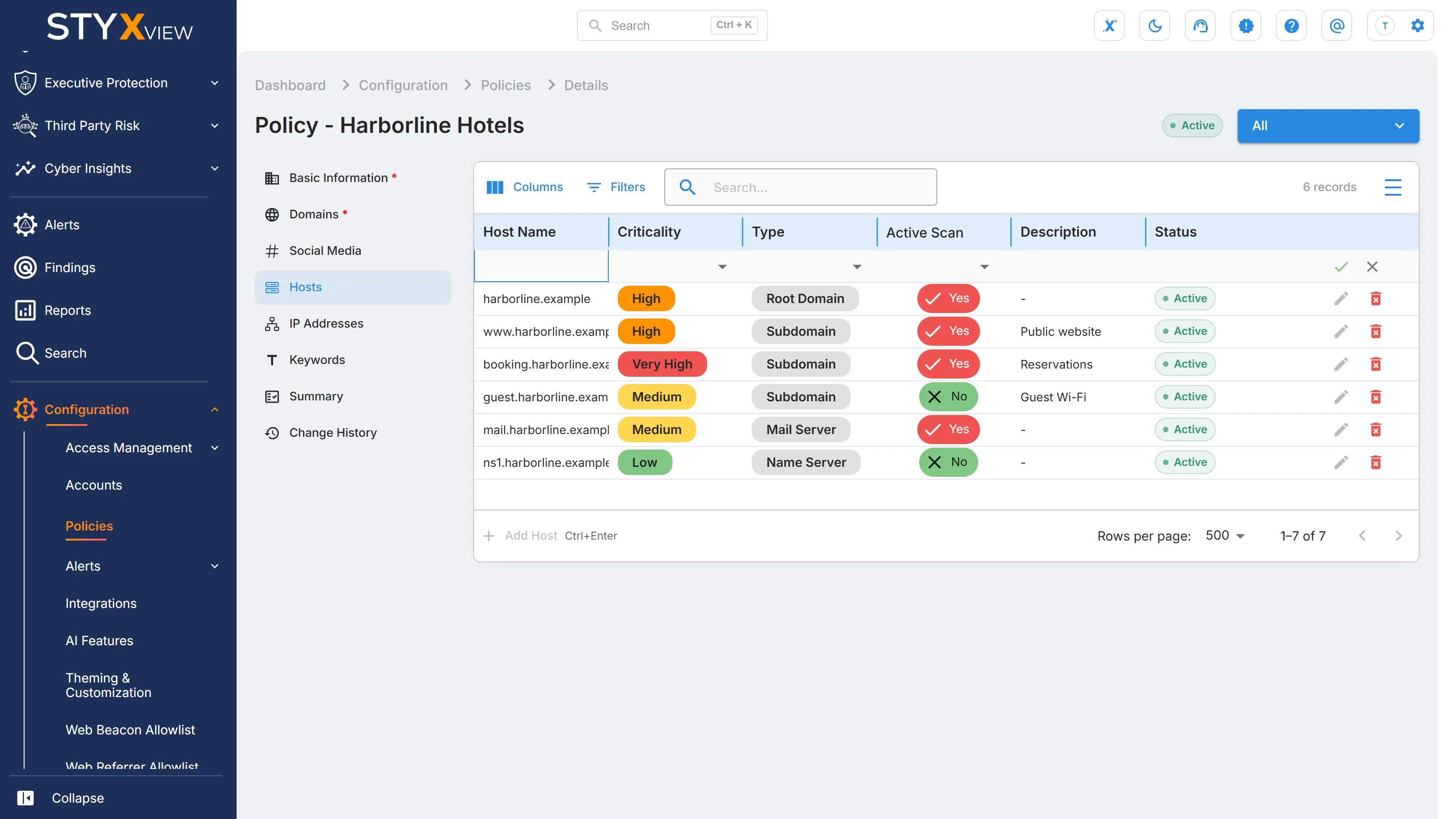 The "Hosts" section of a third party's policy in edit mode, with a blank row opened by "Add Host" at the top of the table.