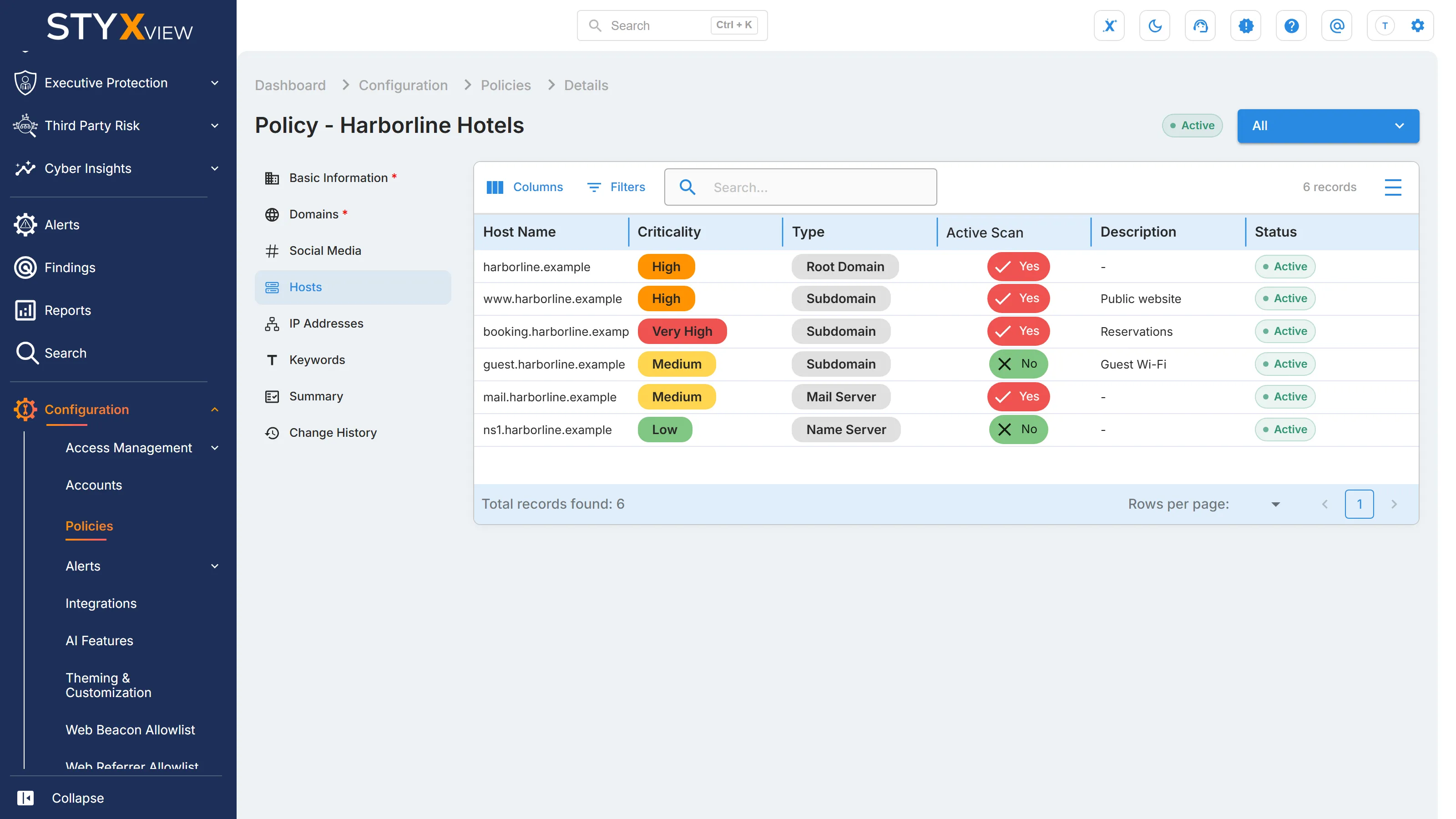 The saved "Hosts" section of a third party's policy, listing each host with its type, criticality, and active scan setting.