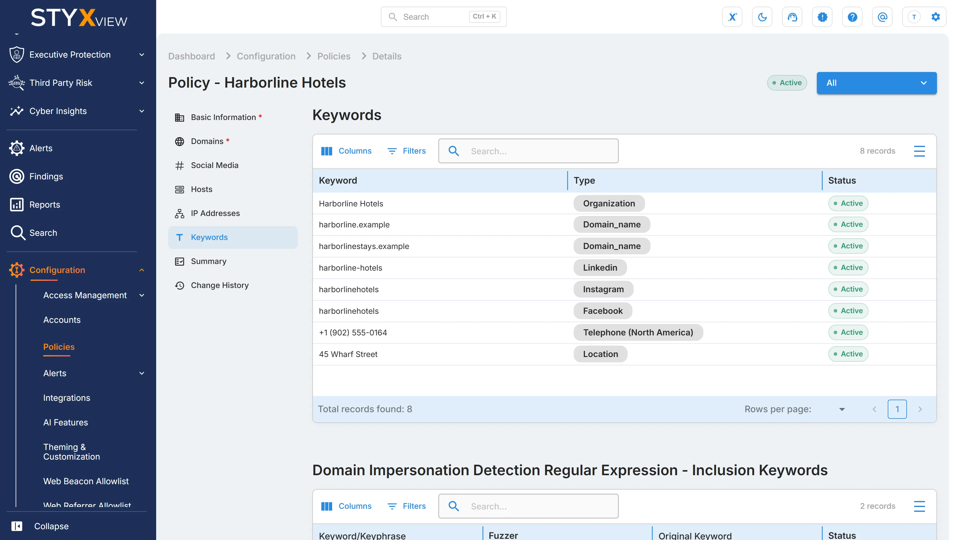 The "Keywords" section of a Third Party Risk policy, with the keywords StyxView generated from the details on the policy.