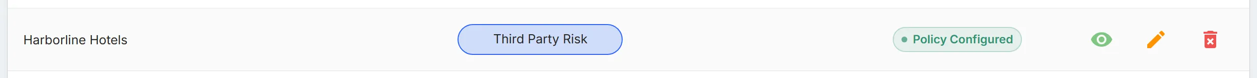 A third party's row on the "Policies" page, with the solution "Third Party Risk", its status, and the view, edit, and delete icons.