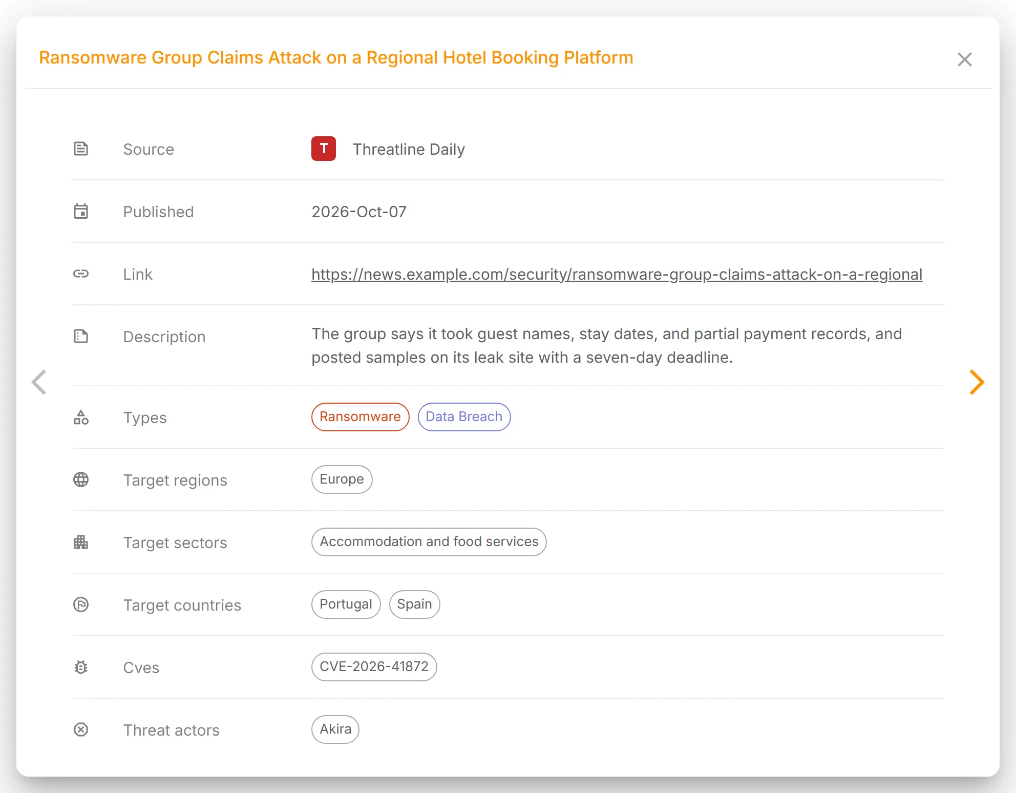 One article's details, with its "Source", "Published", "Link", and "Description", then the types, regions, sectors, countries, CVEs, and threat actors found in it.
