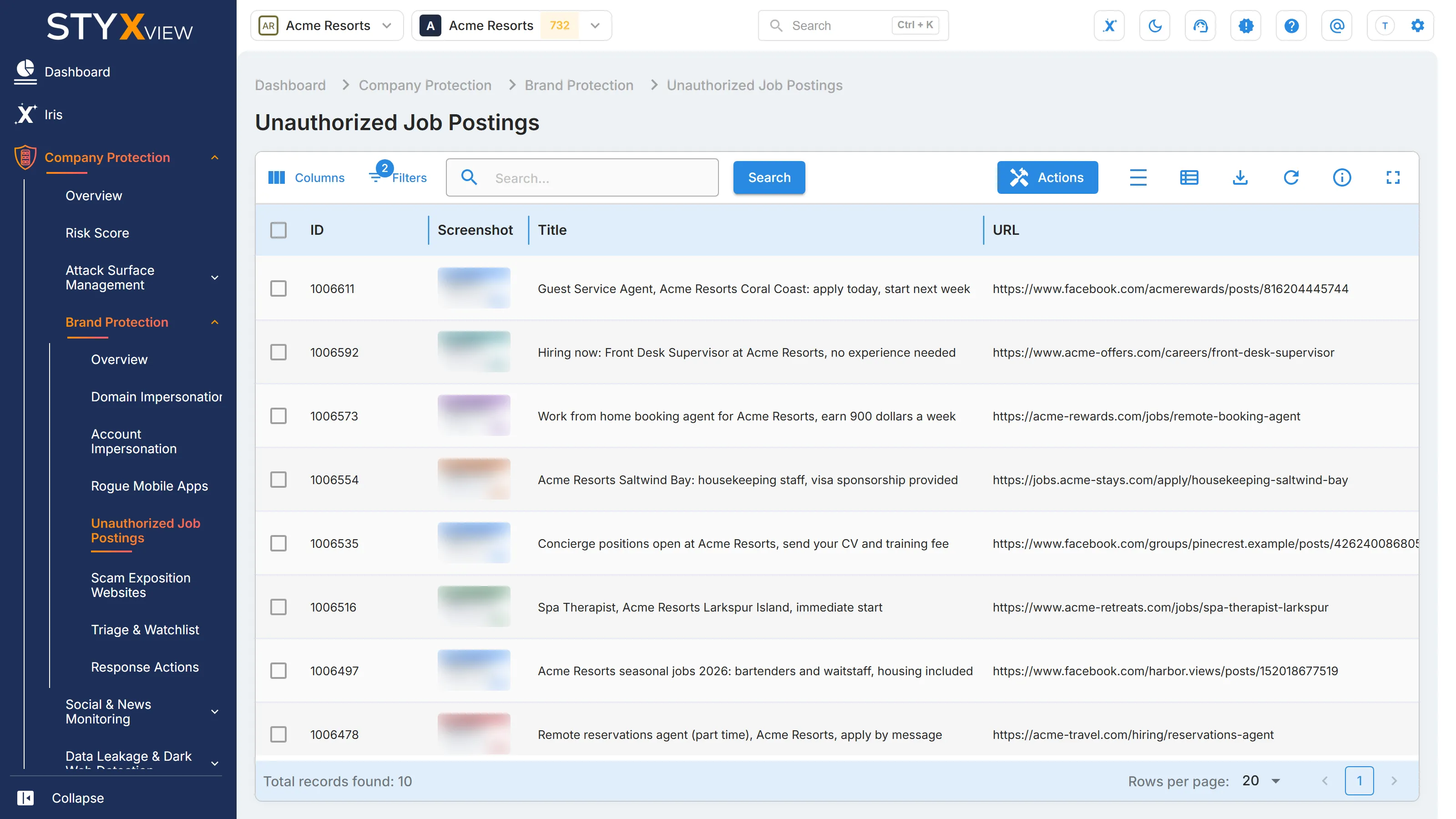 The "Unauthorized Job Postings" grid, listing each posting with its screenshot, "Title", and "URL".