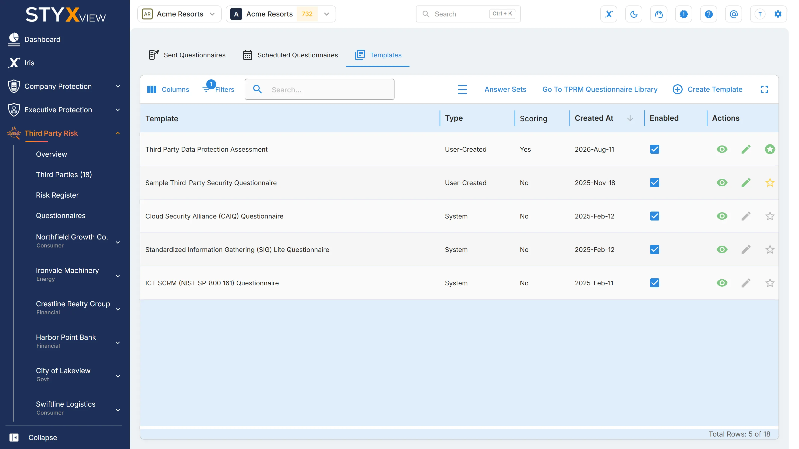 The "Templates" tab with user-created and system templates, each with its type, scoring, creation date, and "Enabled" checkbox.