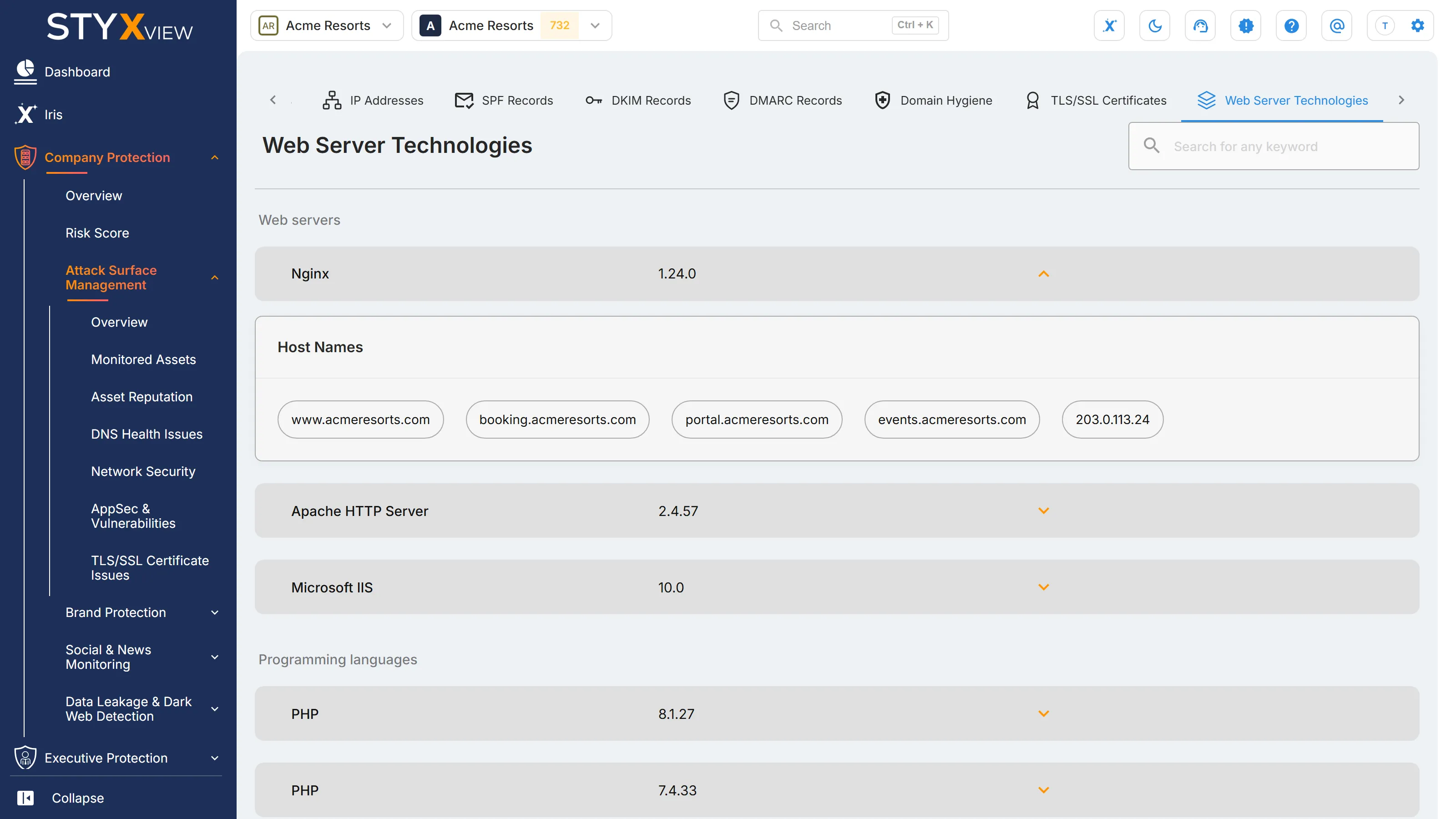 The "Web Server Technologies" tab, with technologies grouped by category and one row opened to show its "Host Names".